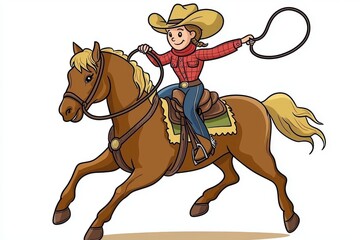 American cowboy riding horse and throwing rope lasso. Cowboy running with lasso on bucking horse. Single line graphic illustration.