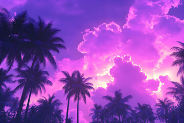 Wall Mural - A vibrant purple sunset sky with palm trees silhouetted in the foreground.