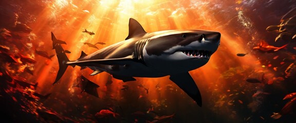 Wall Mural - A powerful great white shark swims through the deep ocean, illuminated by dramatic sun rays penetrating the water. The shark's fierce expression and the surrounding marine life create an intense and