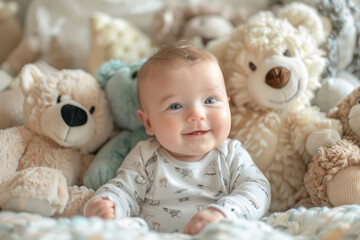 Poster - The baby sat in front of the toy and laughed heartily