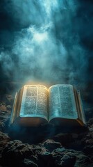 Wall Mural - ethereal scene of sunbeams breaking through clouds illuminating an open bible on a misty hilltop symbolizing divine guidance