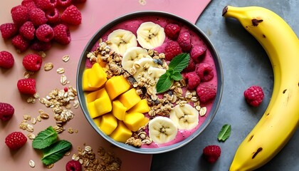 Wall Mural - Vibrant smoothie bowl featuring mango, banana, raspberries, granola, and fresh mint leaves