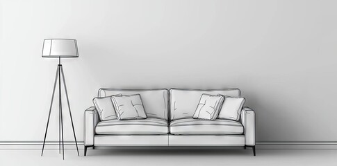 A continuous drawing with one line of a sofa, lamp shade, and home plant. Modern and furniture drawn in a simple linear style. Doodle modern illustration.