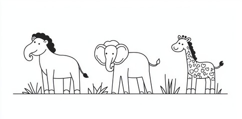 Wall Mural - Line drawing of animals with elephant, lion, giraffe, and deer in modern illustration style.