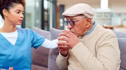 Poster - Woman, elderly man and support as caregiver in nursing home for wellness, empathy or retirement. Nurse, senior care and patient with heart disease, cardiovascular health or anxiety in comfort or help