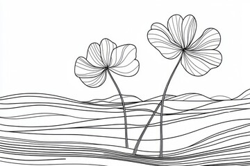Wall Mural - an illustration of poppies in continuous line art style. two flowers blooming among grass in a simpl