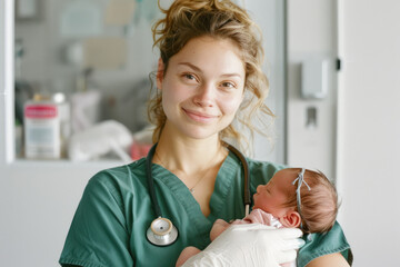 Poster - A young nurse holding a newborn baby