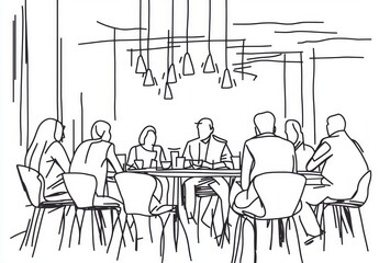 The illustration depicts a group of business people having a discussion in a conference room. A young business team is discussing a new project isolated on a white background.