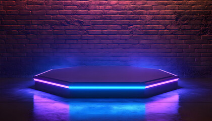 Neon lights illuminate a futuristic platform in a dimly lit space with a brick wall background.