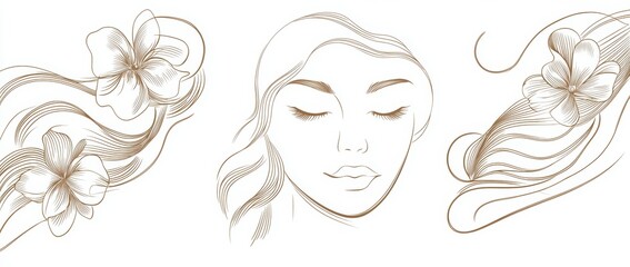 Wall Mural - Continuity line art in elegant style with a woman's face in one line. Perfect for prints, tattoos, posters, textiles, cards, etc. Another beautiful woman face, this time showing a flower and a leaf