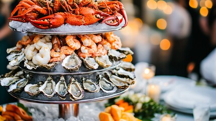 Wall Mural - A close-up of a tiered platter of fresh seafood, including lobster, shrimp, and oysters.