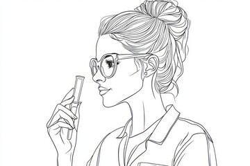 Canvas Print - Illustration of a female scientist analyzing formula on a laboratory tube. Medical science illustration in one line.