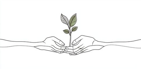 Sticker - One line drawing of hands holding a plant with a back to nature theme. Concept of love for the earth and growing.