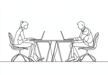 Wall Mural - The continuous line drawing depicts a client and marketing agency meeting for business. The illustration is designed in a minimalism style.