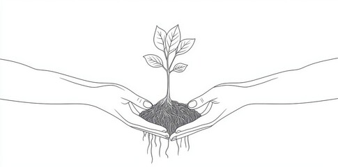 Wall Mural - Hand drawn illustration of plant holding symbol of nature in hand. Modern illustration of minimalism and simplicity.