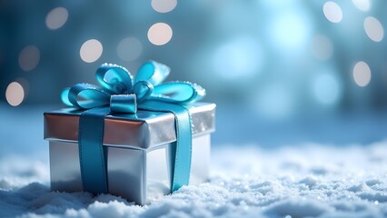 Sticker - A silver gift box with a blue bow on snow, with a bokeh background