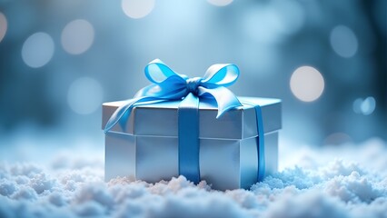 Sticker - A silver gift box with a blue bow on snow, with a bokeh background