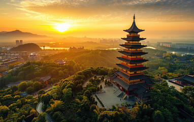 Poster - Mountain pagoda, sunrise and morning mist