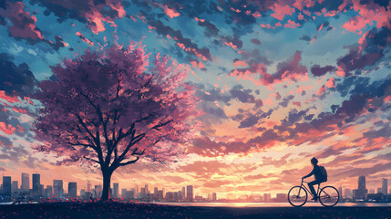 Canvas Print - A lone cyclist rides through a city park, past a blooming cherry tree, with the city skyline and a beautiful sunset in the background.