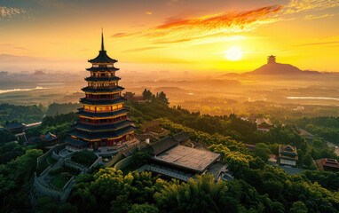 Poster - Mountain pagoda, sunrise and morning mist