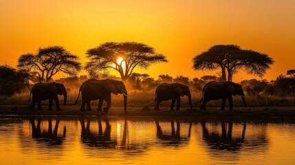 Canvas Print - African Sunset with Elephants