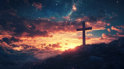 The Old Rugged Cross At Sunrise With Clouds And Starry Sky - Crucifixion/Resurrection Of Jesus Christ Concept with generative ai