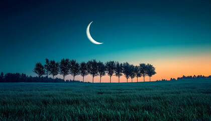 Wall Mural - A crescent moon shines in the twilight sky above a field of grass with a line of trees in the background.