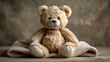 Wall Mural - Cuddly teddy bear resting on soft blanket with textured backdrop