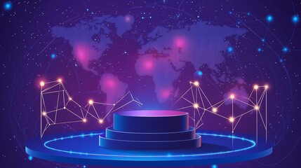 Futuristic digital podium with a world map backdrop and glowing points connected by lines, representing global technology connections.