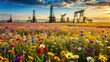 © Bounpaseuth - Field of wildflowers with a background of oil drilling rigs, contrast of beauty and destruction, [natural beauty vs industrialization], [human environmental impact].