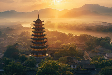 Poster - Mountain pagoda, sunrise and morning mist