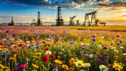 field of wildflowers with a background of oil drilling rigs, contrast of beauty and destruction, [na