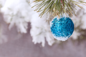 Christmas tree with Christmas blue ball and snow.