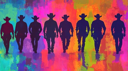 Canvas Print - Colorful silhouettes of cowboys with vibrant neon colors, perfect for wall art and background 