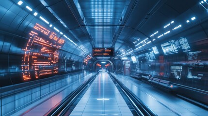 Wall Mural - A futuristic subway station where passengers board driverless trains that operate on magnetic levitation tracks