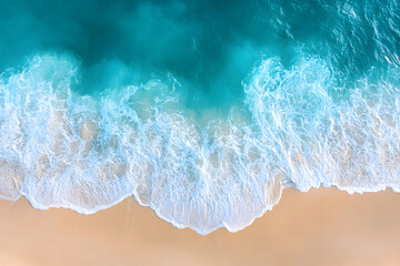 Wall Mural - Aerial view of white waves crashing on a sandy beach.