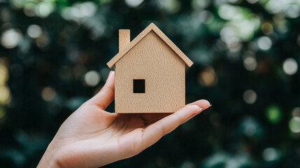 person holds a minimal wooden house model, symbolizing security, stability, and the concept of home. The clean, simple design reflects minimalism and represents the dream of ownership and new beginnin