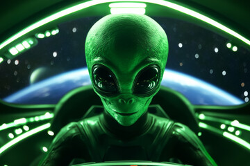 Wall Mural - Green alien inside spaceship in shape of flying saucer navigating through outer space. Alien piloting UFO. Extraterrestrial life and interstellar travel