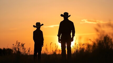 Wall Mural - Father and son. Communication at sunset. Silhouette of two cowboys against the backdrop of sunset