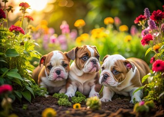 three adorable bulldog puppies explore a vibrant floral patch in a lush backyard garden, their twitc