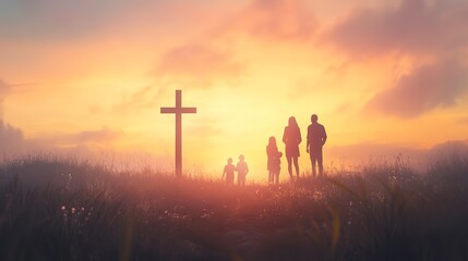 silhouette of family looking for the cross of jesus christ on autumn sunrise background easter sunday concept