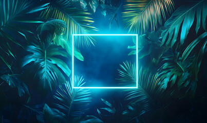 Poster - Neon square frame in a dark tropical background, with lush green foliage.