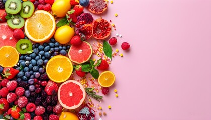 Wall Mural - Vibrant fruits and supplements arranged on a pink backdrop, symbolizing a holistic approach to health and wellness