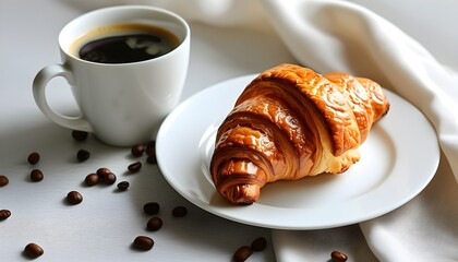 Wall Mural - Delicious breakfast scene with a freshly baked croissant on a white plate and a steaming cup of coffee