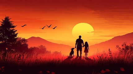 Wall Mural - vector illustration of shadow family and a dog in beautiful sunset nature 