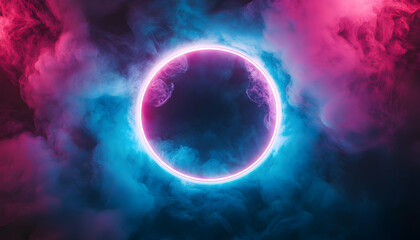 Sticker - Abstract neon circle with blue and pink smoke.