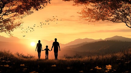 Sticker - A silhouette of a family walking at sunset, surrounded by hills and trees, creating a tranquil autumn scene