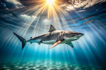 majestic great white shark swims effortlessly through crystal-clear waters, its powerful silhouette 