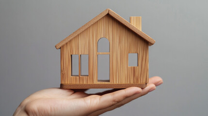 person holds a minimal wooden house model, symbolizing security, stability, and the concept of home. The clean, simple design reflects minimalism and represents the dream of ownership and new beginnin