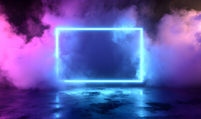 Canvas Print - Neon blue glowing frame in a smokey, purple and blue ambient environment.